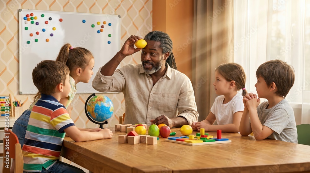 Fototapeta premium African American teacher engaging diverse young children in a playful classroom learning activity.