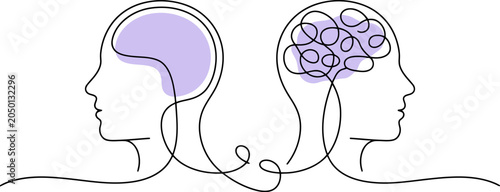 Two human profile outlines connected by a single line with one clear brain and one complex tangled brain 