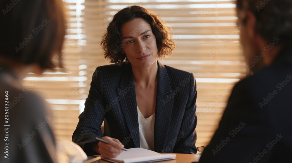 Naklejka premium Female HR professional conducts confidential intake interview across small table, taking notes with calm empathy in private workplace harassment reporting setting.