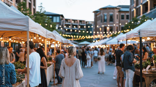 Crowds browse outdoor market stalls under white tents and glowing string lights in an urban plaza at dusk. Selective focus.