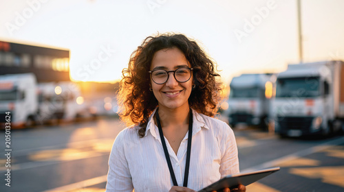 Smiling female logistics worker holds a tablet near delivery trucks in a sunlit industrial yard at sunset.