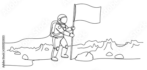 Astronaut planting flag on moon surface minimalist continuous one line drawing