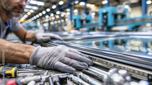 A gloved factory worker assembles a metal window frame with tools on an industrial production line.