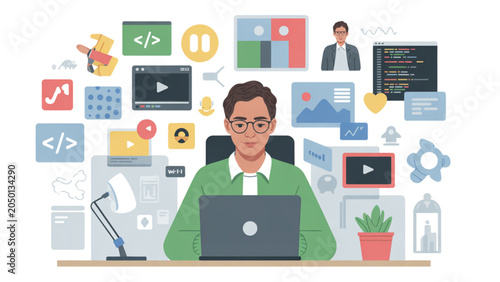 Bild auf Leinwand Professional woman video calling with colleagues in modern office meeting