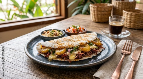 Tapioca crepe filled with shredded beef, cheese and fried plantains
