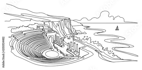 Ancient greek amphitheater on coastal cliff overlooking sea drawn in continuous line art style