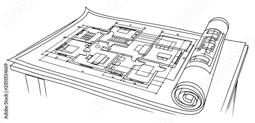 Architectural floor plan and rolled blueprints on table in continuous line art style