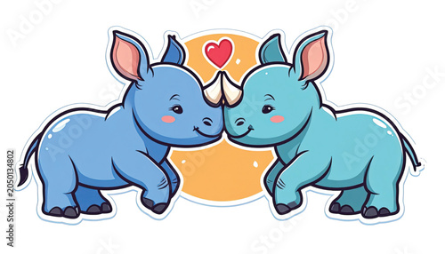 Two Cute Blue Rhinos Touching Noses.