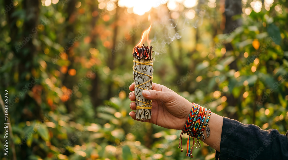 Obraz premium Hand holding a burning sage smudge stick in a forest setting