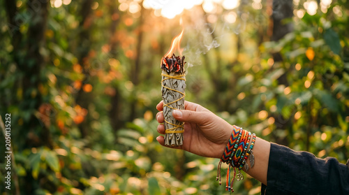 Hand holding a burning sage smudge stick in a forest setting