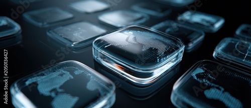 glass blocks with digital networks and world maps