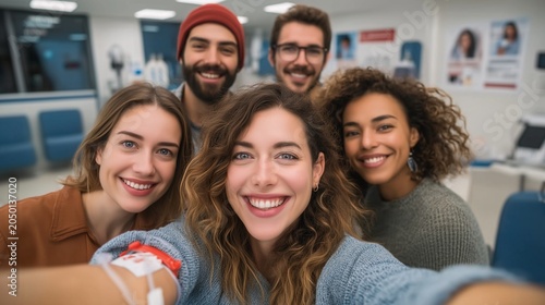 Smiling young volunteers celebrate World Blood Donor Day after donating blood at a modern clinic