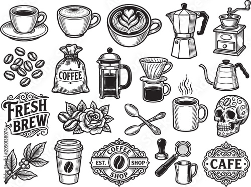 A collection of coffee related items including cups pots beans and signs on a table indoors.