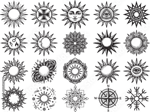 Black and white illustrations of various sun symbols and designs are displayed.