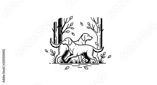Two dogs walking in forest together.