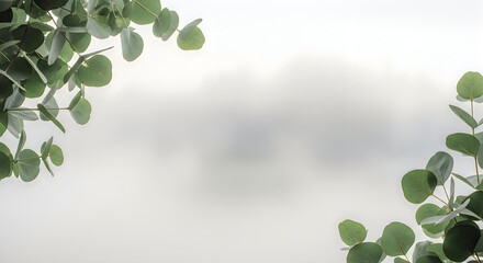 Soft foggy background with eucalyptus leaves border in natural light