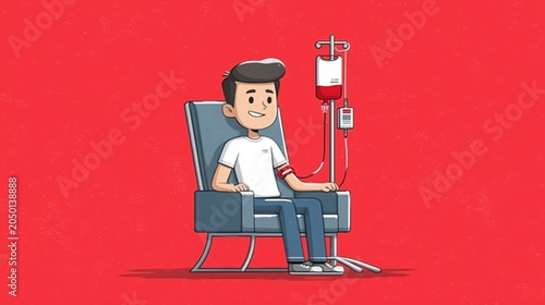 World Blood Donor Day illustration of smiling volunteer donating blood on a red awareness background