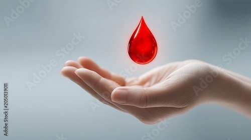 World Blood Donor Day concept with red blood drop above an open hand symbolizing lifesaving donation