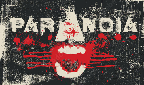 Foto reading Paranoia and a human mouth, optical sight and splash bloody
