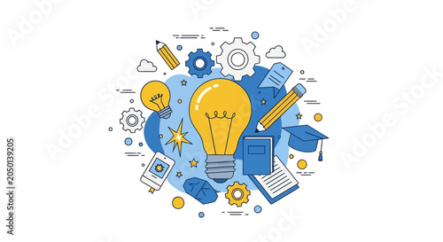 Creative Innovation and Education Concept Illustration with Light Bulb, Gears, and School Supplies on White Background