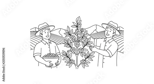 Two farmers inspecting fruit harvest.