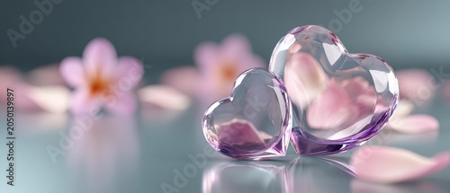 glass hearts with pink flowers background featuring love