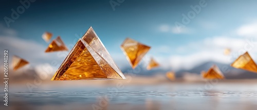 glass pyramid decoration with warm golden highlights