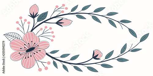 Pink flower wreath illustration with green leafy branches and floral buds in a hand drawn botanical design for decorative borders and wedding invitations botanical illustration