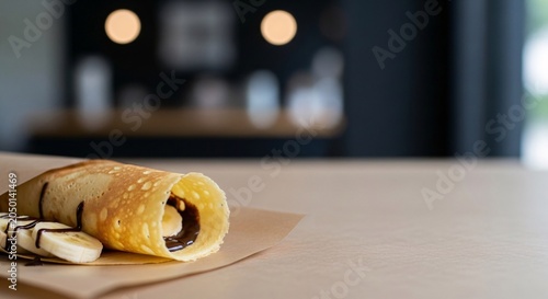 A delicious pastel kue lies on a brown paper napkin on a table indoors.