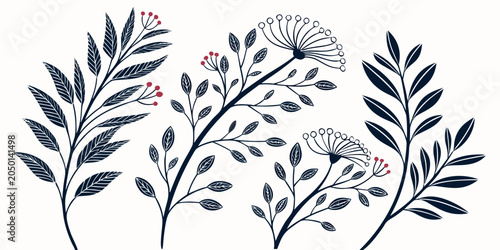 Obraz na plátne Set of four hand drawn botanical branches with various leaf shapes and small red