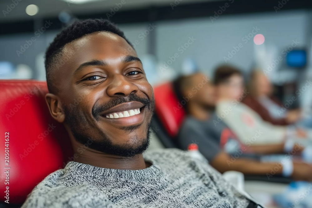 Fototapeta premium Smiling blood donor reclining in a donation chair at a clinic for World Blood Donor Day awareness