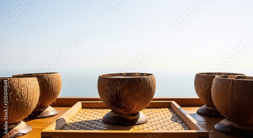 Coconuts are arranged on a wooden tray with natural setting and clear water background.