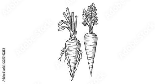 Two Fresh Carrots with Green Tops.