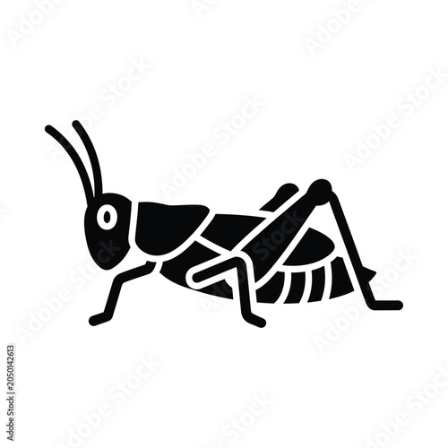 Black silhouette of a grasshopper on white background