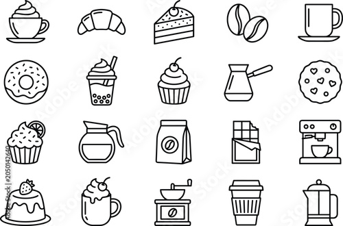 Tablou pe pânză Coffee shop and bakery line icon vector set featuring espresso cup coffee maker