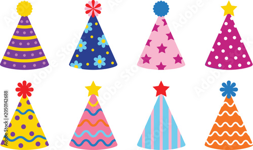 Tableau sur toile Colorful birthday party hats vector set featuring festive paper cones with patte