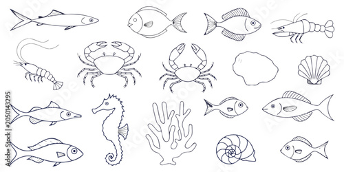 Konstfotografi Set of marine life illustrations including fish, crabs, seahorse, shrimp, shells