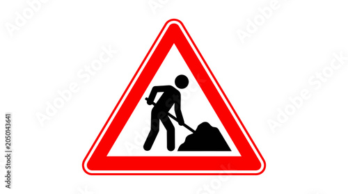 Red triangular warning sign depicting a black silhouette of a person digging with a shovel, signaling road construction or maintenance ahead, ideal for safety and traffic information content