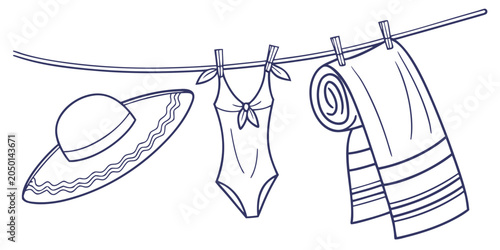 Konstfotografi Summer beach accessories hanging on rope clothesline illustration