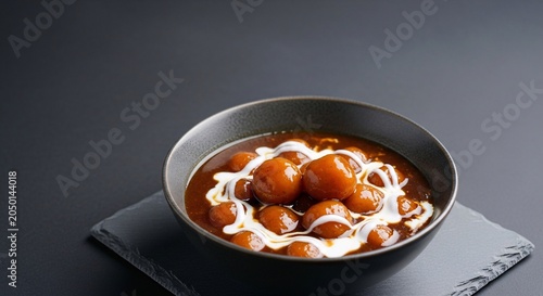 A steaming bowl of Bakso soup sits on a black plate against a dark background.