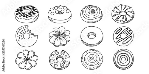 Cuadro en lienzo Set of twelve hand drawn donut icons with various toppings and glaze