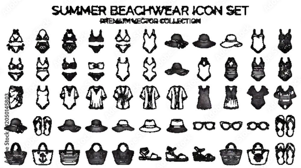 Obraz premium coloring Summer beachwear icon set, bikinis, swimsuits, cover ups, beach hats, sunglasses, sandals, tote bags, premium vector collection, black and white, white background