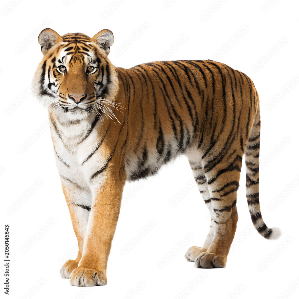 Obraz premium Majestic Tiger with Orange and Black Stripes Standing Proudly Isolated on Transparent Background PNG – Powerful Wild Predator Cutout