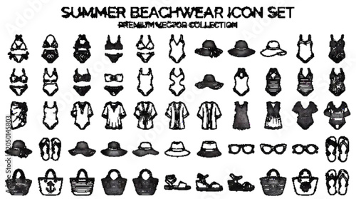 Konstfotografi coloring Summer beachwear icon set, bikinis, swimsuits, cover ups, beach hats, s