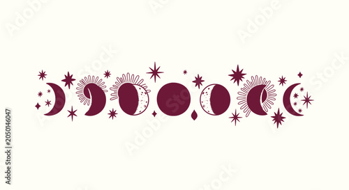 Foto Bohemian Moon Cycle Phases with Mystical Stars Hand Drawn Astrology Celestial Ve