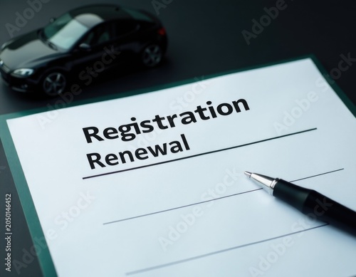 A car parked next to a paper with the words 'registration renewal'