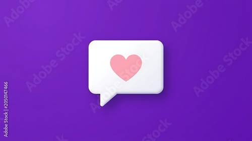 A pink heart icon appears in a white speech bubble on purple