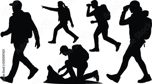 Foto Black silhouettes collection of hikers with backpacks walking pointing looking t