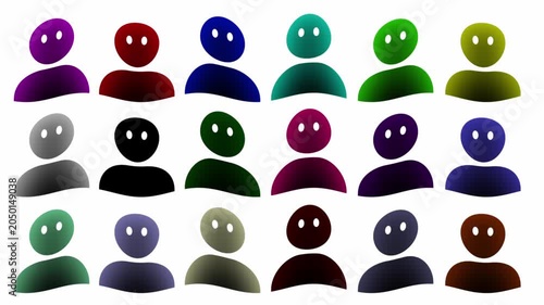 Colorful abstract character pattern loop on bright white seamless background