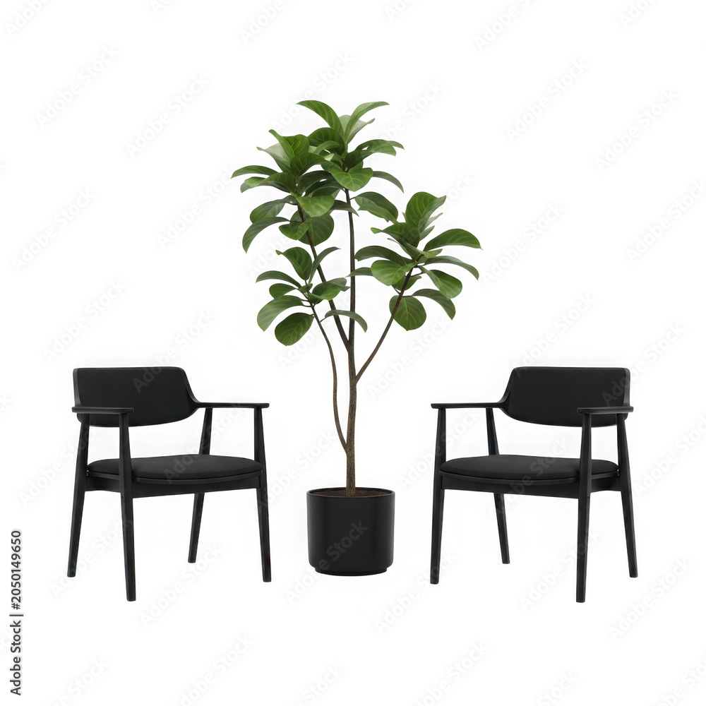 Fototapeta premium Modern black chairs with small potted plant in minimalist setting isolated on transparent background
